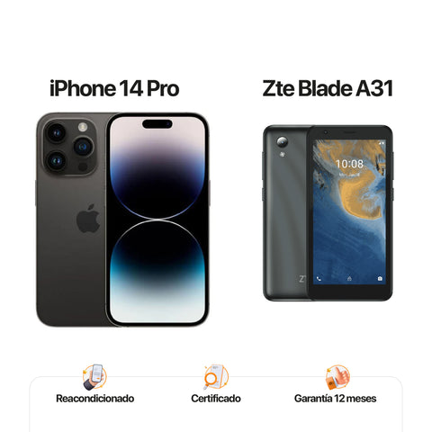 iPh 14 pro de 128GB Negro + ZTE A31 de 32GB Gris