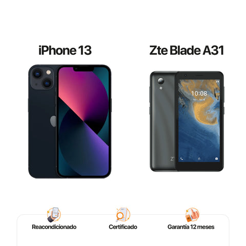 iPh 13 de 128GB Negro + ZTE A31 de 32GB Gris