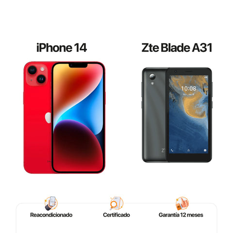 iPh 14 de 128GB Rojo + ZTE A31 de 32GB Gris