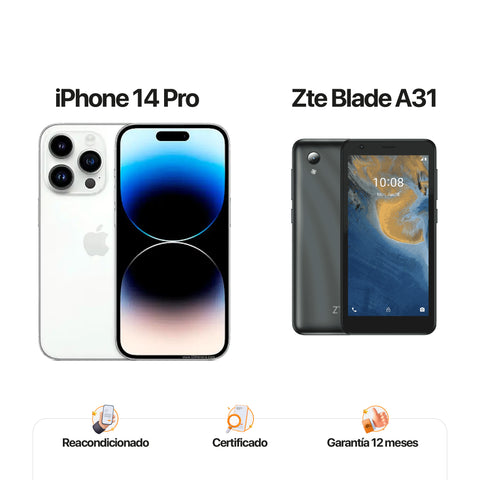 iPh 14 pro de 128GB Blanco + ZTE A31 de 32GB Gris