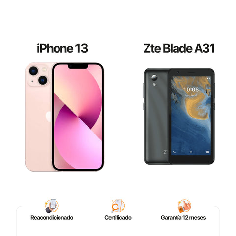 iPh 13 de 128GB Rosa + ZTE A31 de 32GB Gris