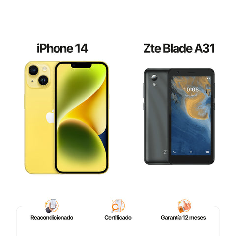 iPh 14 de 128GB Amarillo + ZTE A31 de 32GB Gris