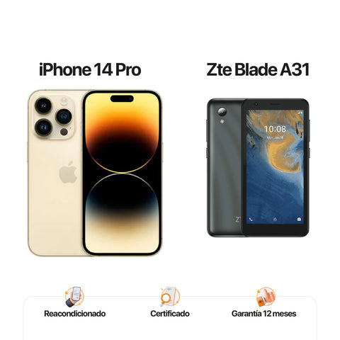 iPh 14 pro de 128GB Oro + ZTE A31 de 32GB Gris