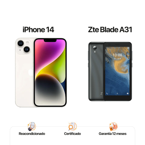 iPh 14 de 128GB Blanco estelar + ZTE A31 de 32GB Gris