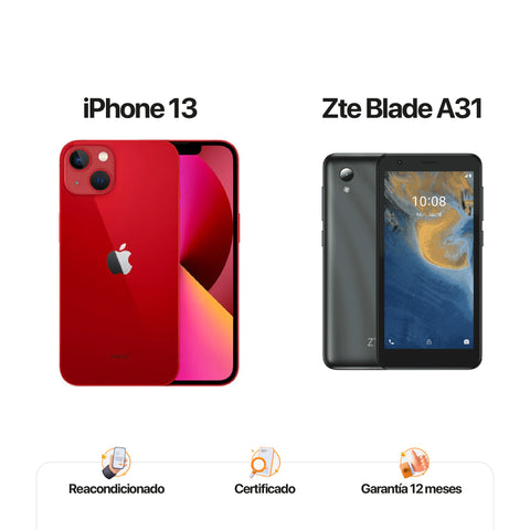 iPh 13 de 128GB Rojo + ZTE A31 de 32GB Gris