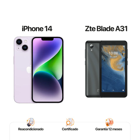 iPh 14 de 128GB Morado + ZTE A31 de 32GB Gris