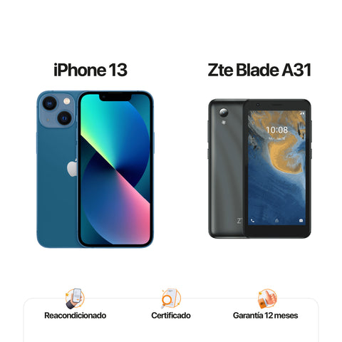 iPh 13 de 128GB Azul + ZTE A31 de 32GB Gris