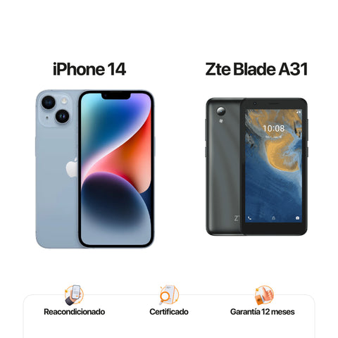 iPh 14 de 128GB Azul + ZTE A31 de 32GB Gris