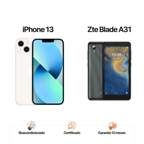 iPh 13 de 128GB Blanco + ZTE A31 de 32GB Gris