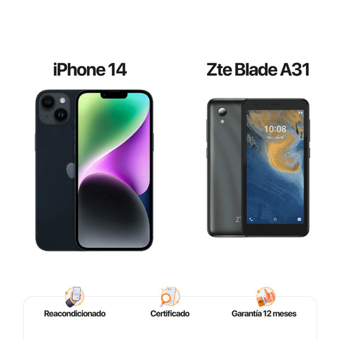 iPh 14 de 128GB Negro + ZTE A31 de 32GB Gris