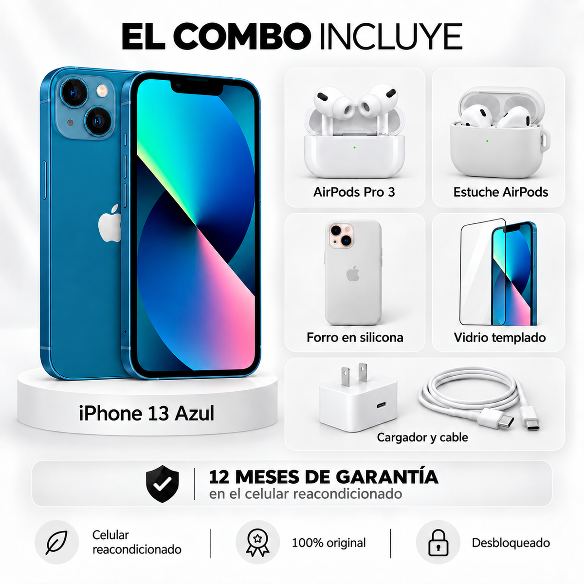 iPhone 13 + Space + AirPods Pro 3 + Estuche AirPods + Vidrio Templado + Cargador y Cable