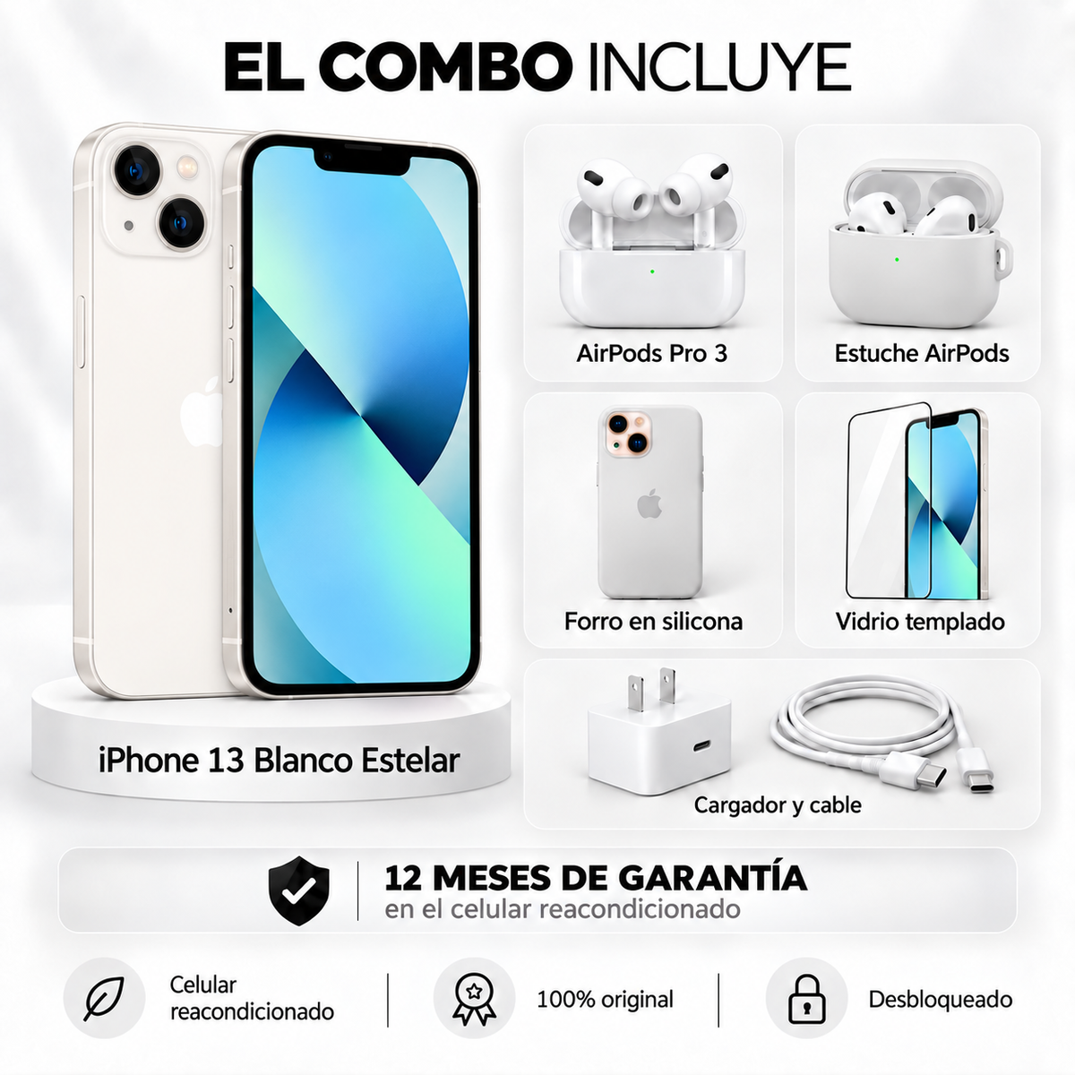 iPhone 13 + Space + AirPods Pro 3 + Estuche AirPods + Vidrio Templado + Cargador y Cable