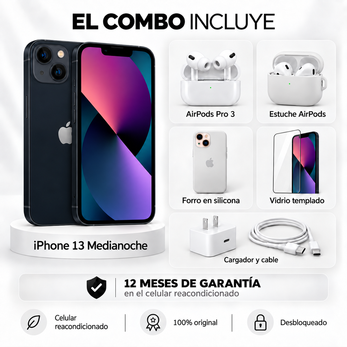iPhone 13 + Space + AirPods Pro 3 + Estuche AirPods + Vidrio Templado + Cargador y Cable