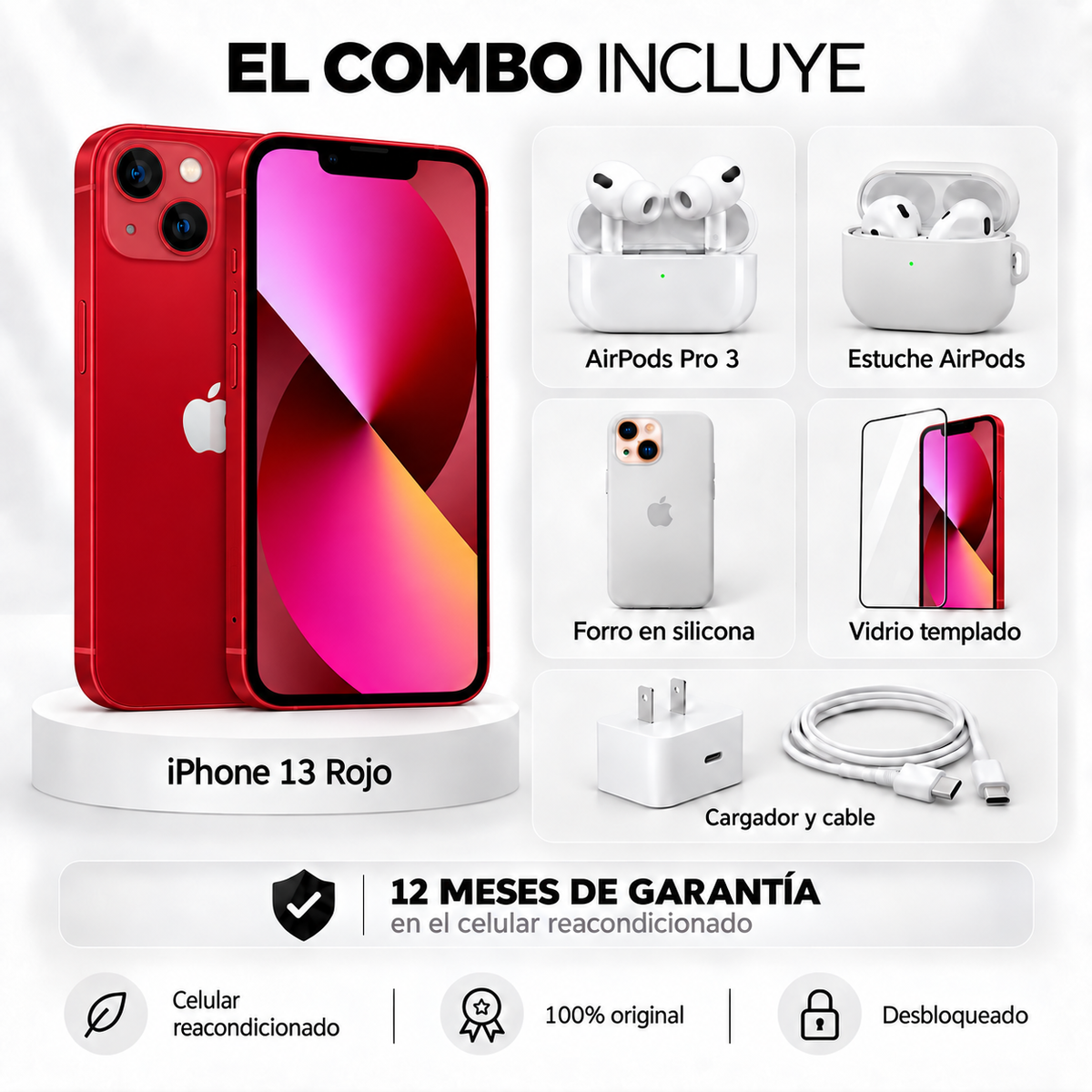 iPhone 13 + Space + AirPods Pro 3 + Estuche AirPods + Vidrio Templado + Cargador y Cable