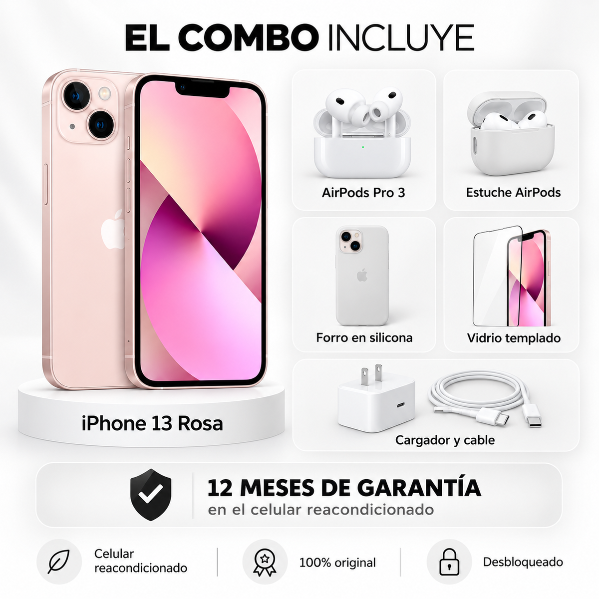 iPhone 13 + Space + AirPods Pro 3 + Estuche AirPods + Vidrio Templado + Cargador y Cable