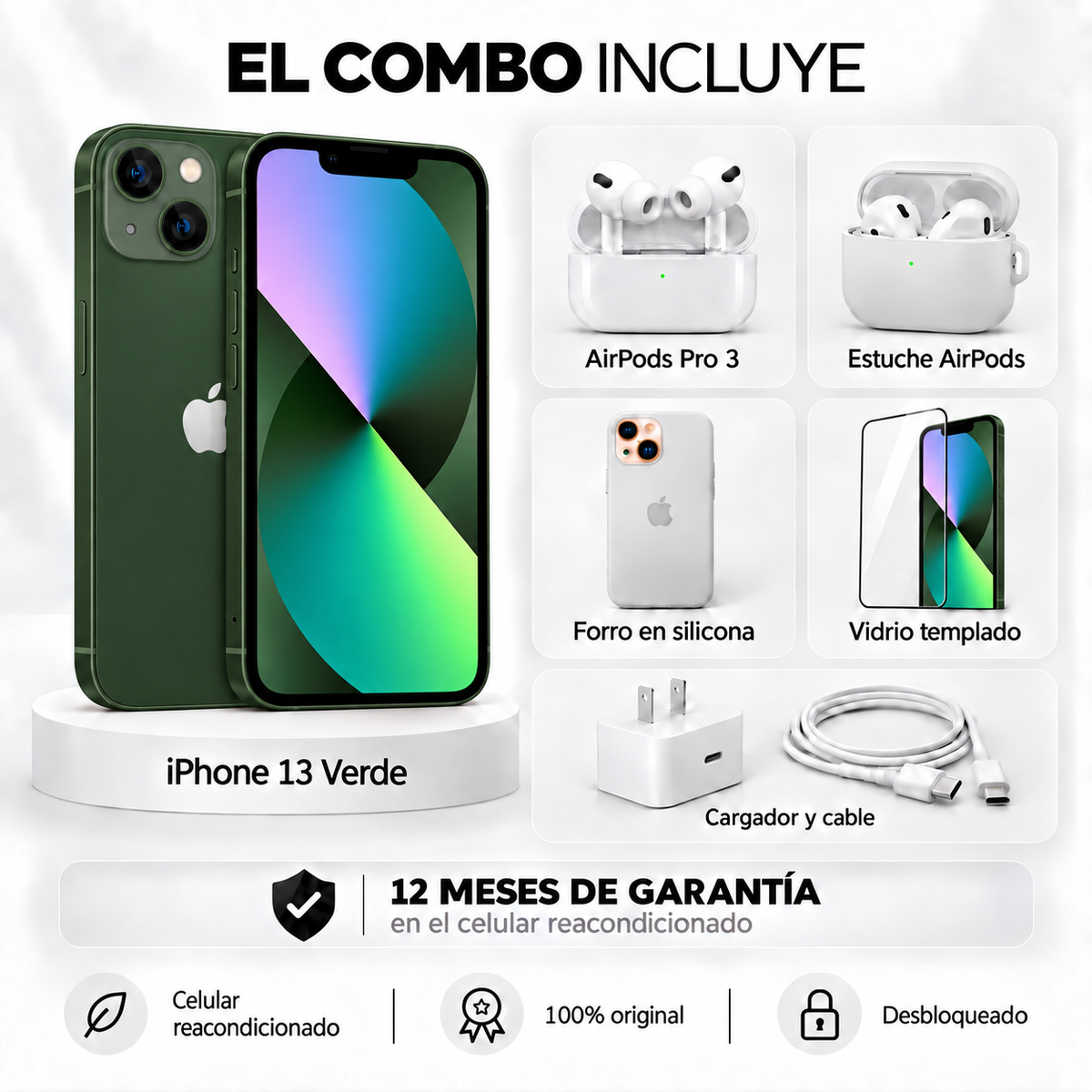 iPhone 13 + Space + AirPods Pro 3 + Estuche AirPods + Vidrio Templado + Cargador y Cable