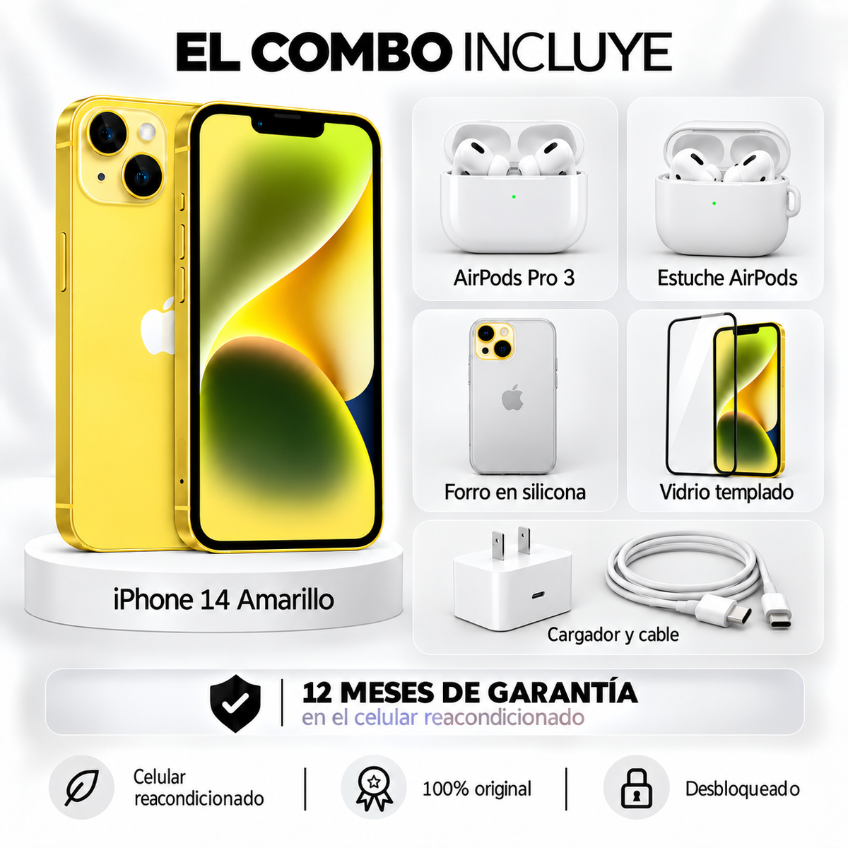 iPhone 14 + Space + AirPods Pro 3 + Estuche AirPods + Vidrio Templado + Cargador y Cable