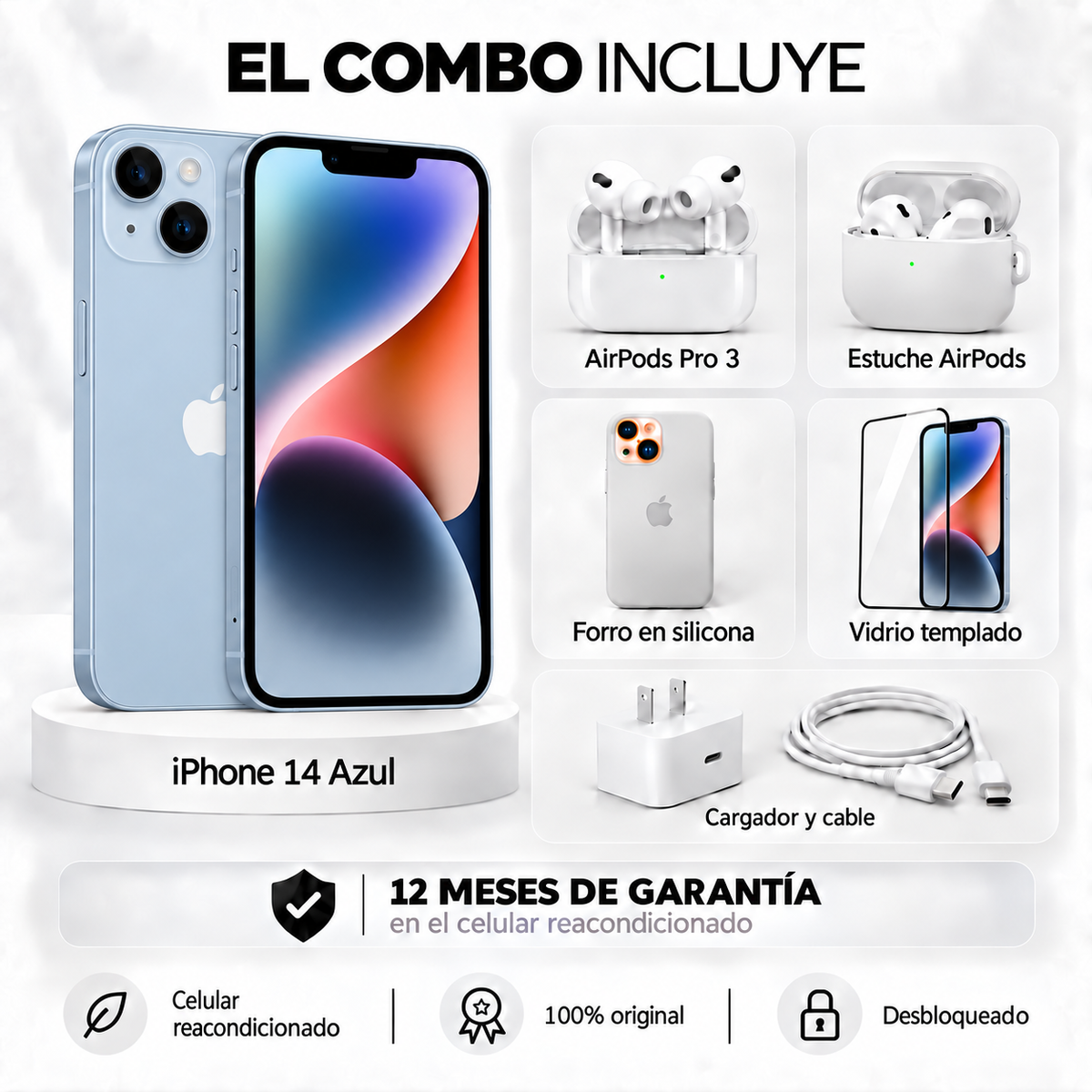 iPhone 14 + Space + AirPods Pro 3 + Estuche AirPods + Vidrio Templado + Cargador y Cable