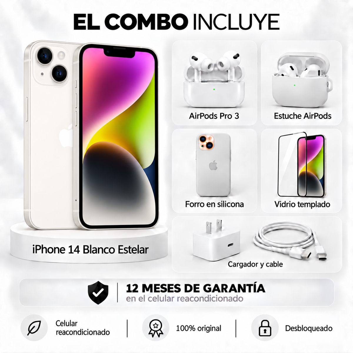 iPhone 14 + Space + AirPods Pro 3 + Estuche AirPods + Vidrio Templado + Cargador y Cable