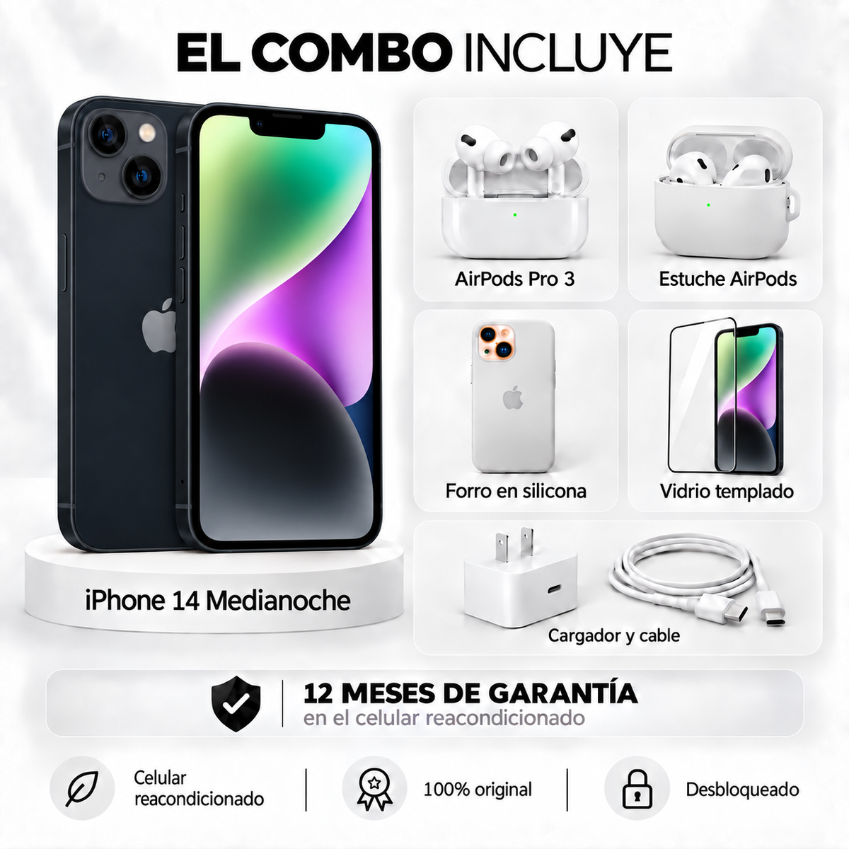 iPhone 14 + Space + AirPods Pro 3 + Estuche AirPods + Vidrio Templado + Cargador y Cable
