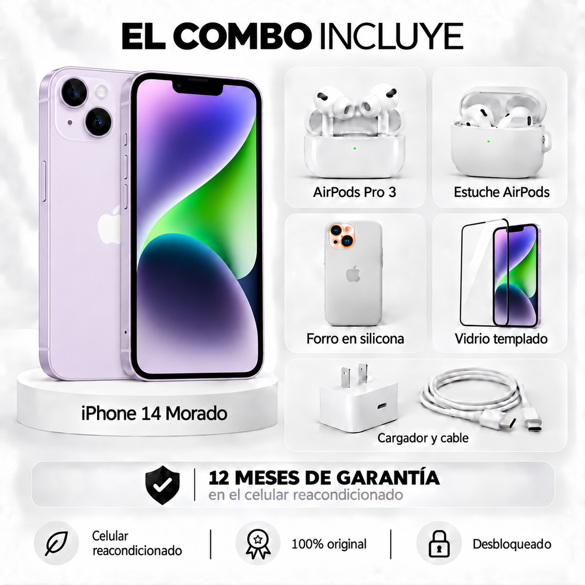 iPhone 14 + Space + AirPods Pro 3 + Estuche AirPods + Vidrio Templado + Cargador y Cable