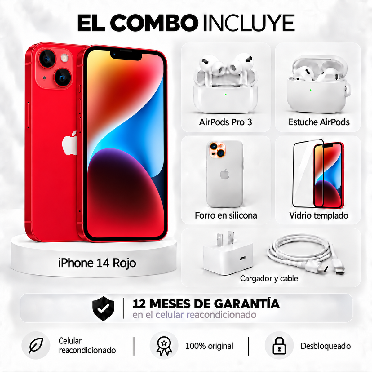 iPhone 14 + Space + AirPods Pro 3 + Estuche AirPods + Vidrio Templado + Cargador y Cable