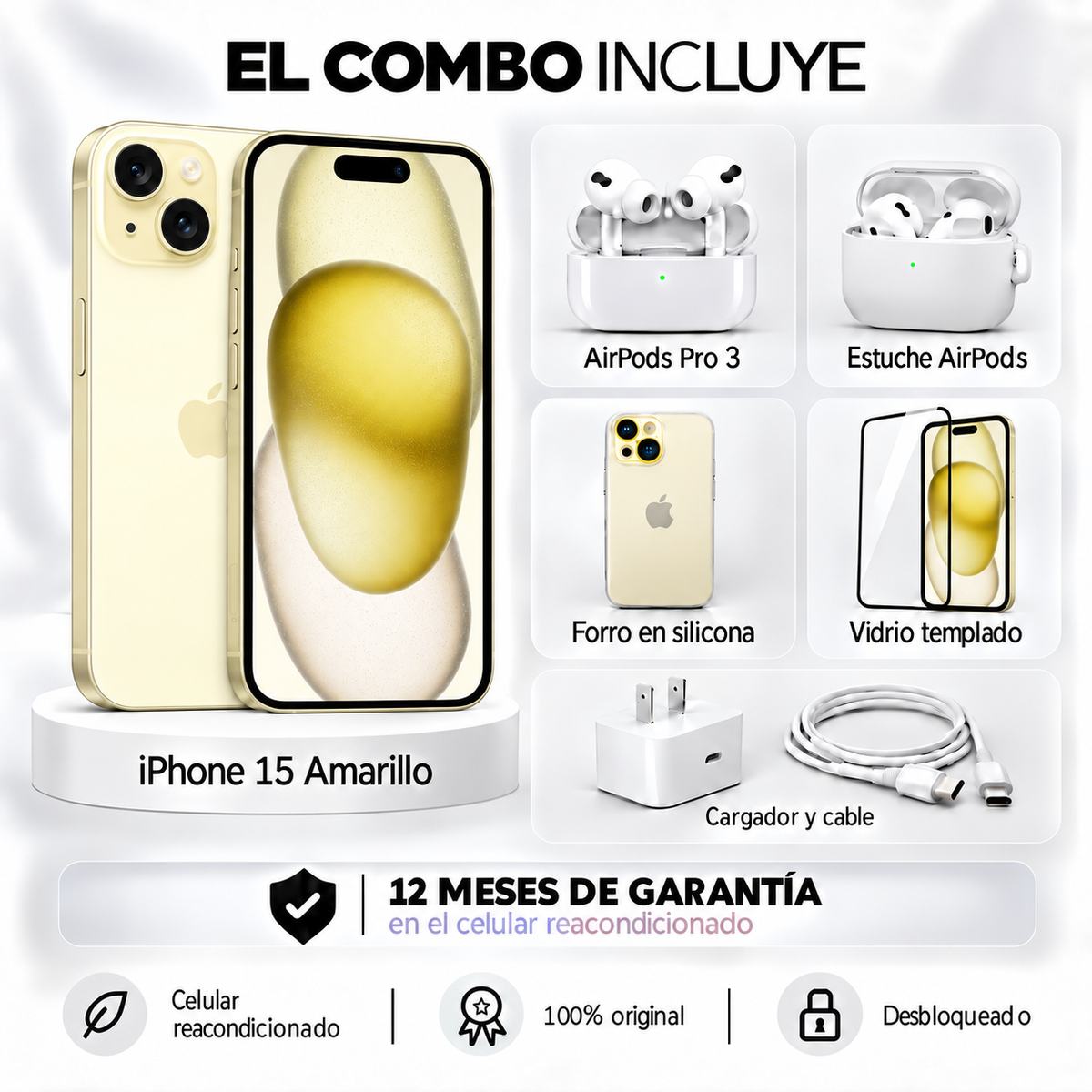 iPhone 15 + Space + AirPods Pro 3 + Estuche AirPods + Vidrio Templado + Cargador y Cable