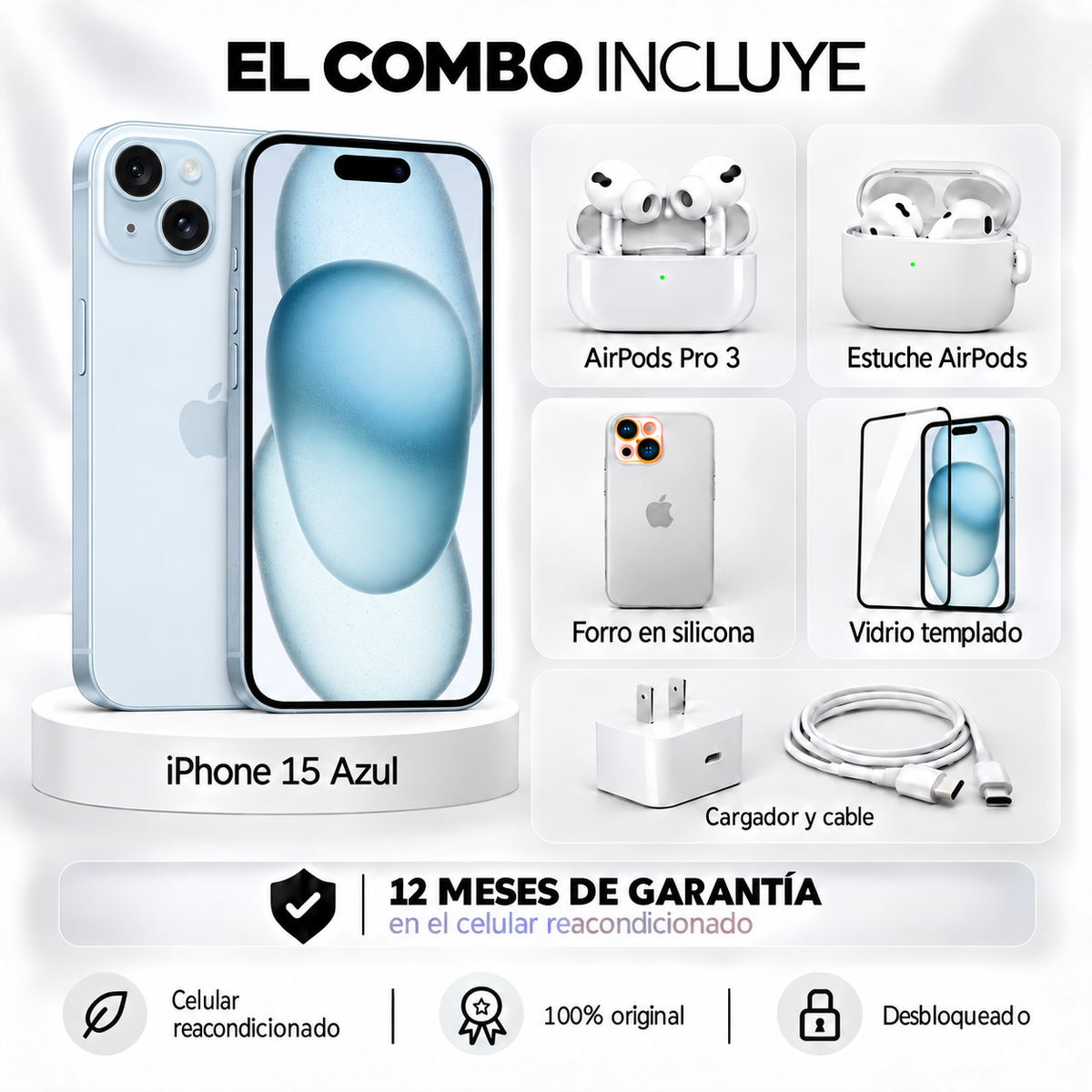 iPhone 15 + Space + AirPods Pro 3 + Estuche AirPods + Vidrio Templado + Cargador y Cable