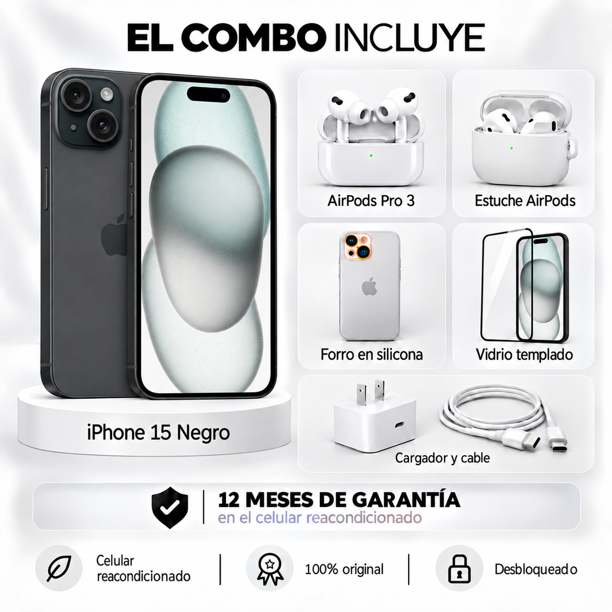 iPhone 15 + Space + AirPods Pro 3 + Estuche AirPods + Vidrio Templado + Cargador y Cable