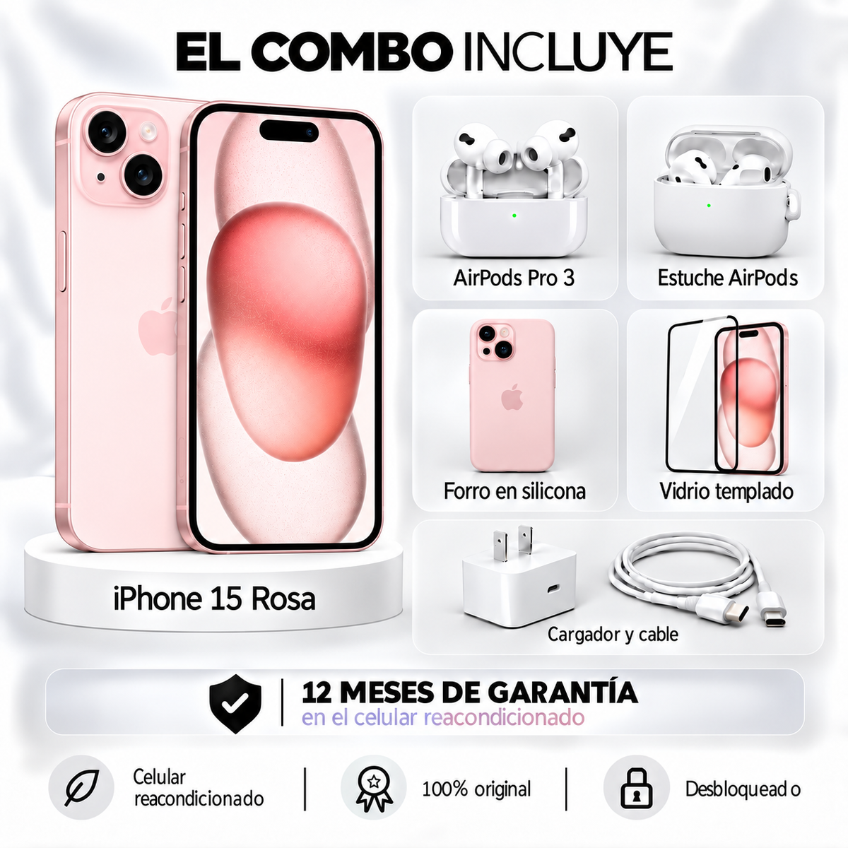 iPhone 15 + Space + AirPods Pro 3 + Estuche AirPods + Vidrio Templado + Cargador y Cable