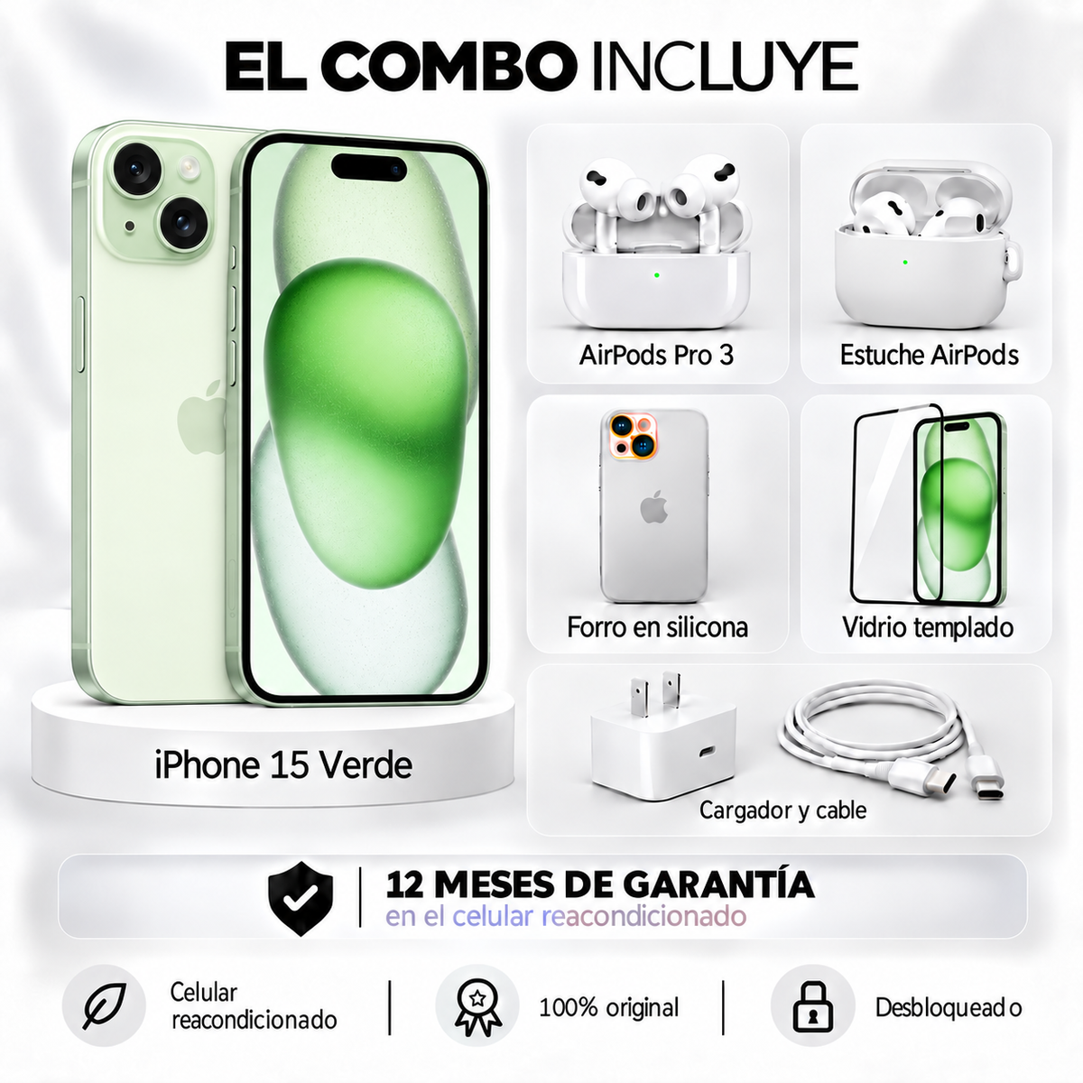 iPhone 15 + Space + AirPods Pro 3 + Estuche AirPods + Vidrio Templado + Cargador y Cable