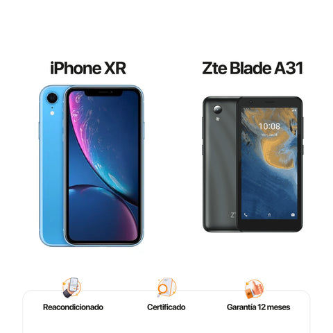 iPh Xr de 64GB Azul + ZTE A31 de 32GB Gris