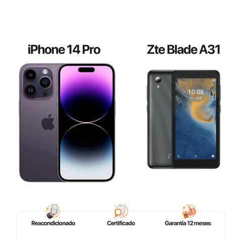 iPh 14 pro de 128GB Morado + ZTE A31 de 32GB Gris