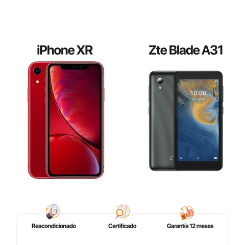 iPh Xr de 64GB Rojo + ZTE A31 de 32GB Gris